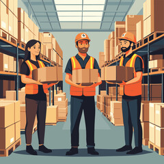 logistic workers in warehouse, vector style simple color