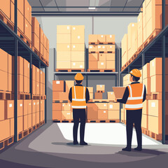 logistic workers in warehouse, vector style simple color