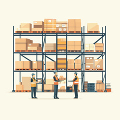 logistic workers in warehouse, vector style simple color