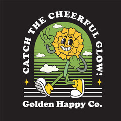 Vector Illustration of Marigold Flower Mascot with Retro Cartoon Mascot Available for Tshirt Design