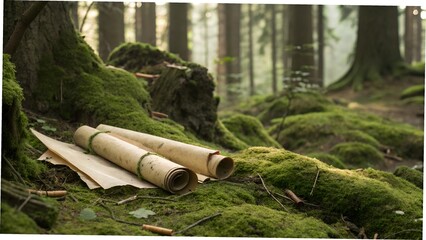 Ancient scrolls unrolled on a moss-covered forest floor, runes barely legible, nature reclaiming history, earthy tones and natural light