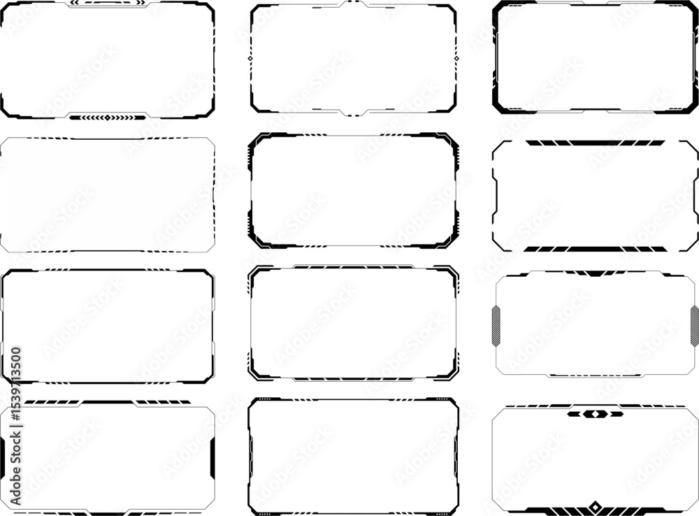 Fototapete Set of futuristic tech frame vector elements with digital HUD interface style borders, perfect for sci-fi UI design, digital overlays, templates, and high-tech screen graphics.

