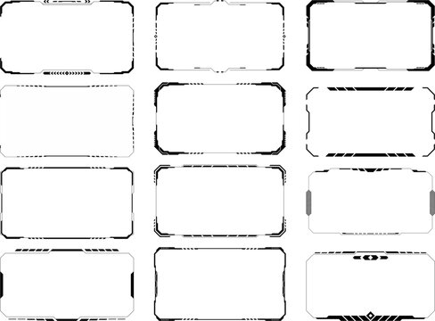 Set of futuristic tech frame vector elements with digital HUD interface style borders, perfect for sci-fi UI design, digital overlays, templates, and high-tech screen graphics.

