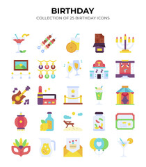 Birthday Icons. 25 Colorful Party Celebration Vector Icons