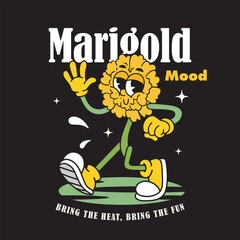 Vector Illustration of Marigold Flower Mascot with Retro Cartoon Mascot Available for Tshirt Design