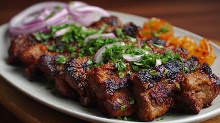 Delicious suya grilled meat with onions on plate