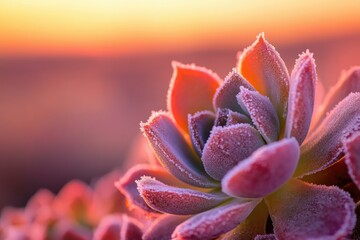 Frost-covered succulent blossoms at sunrise, a stunning display of nature's beauty.