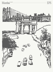 Artistic depiction of the Gateway of India and BandraWorli Sea Link in a compelling sketch