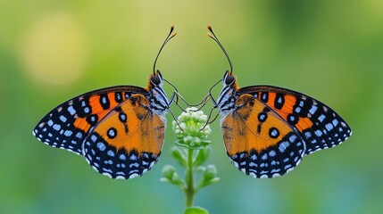 Obraz premium Two symmetrical butterflies on a flower cluster