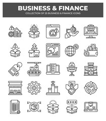 Collection of Business and Finance Icons: 25 Essential Line Icons for Business and Finance