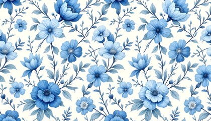 Obraz premium Classic Botanical Seamless Pattern Featuring Blue Flowers and Delicate Foliage for Wallpapers, Wrapping Papers, Textile Prints, and Digital Backdrops