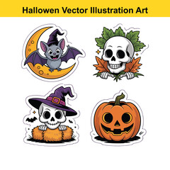 Obraz premium Cute halloween cartoon stickers bat skull pumpkin witch