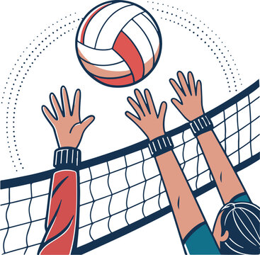 Competitive Volleyball Match Illustration with Players Blocking the Ball at the Net