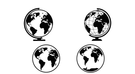 Globe Silhouette Icons Set &mdash; World Map Circles, Earth Globe Badges and Planet Earth Symbols in Black and White
