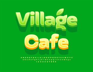 Vector Stylish signboard Village Cafe. Modern Eco Green Font. Fashion Isometric Alphabet Letters and Numbers set.