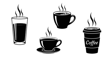 Obraz premium Hot Beverage Silhouette Set — Coffee Cup, Takeaway Coffee, Cappuccino Mug and Latte Glass Black Line Icons