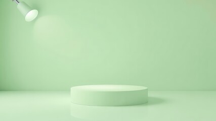 Product showcase with a soft light green background, a circular podium, and a spotlight for a clean and modern presentation