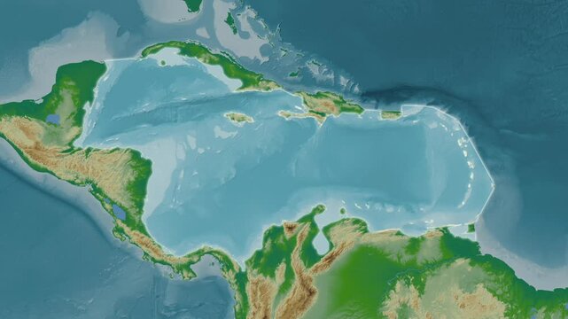 Caribbean Sea. Close-up on a colored elevation map
