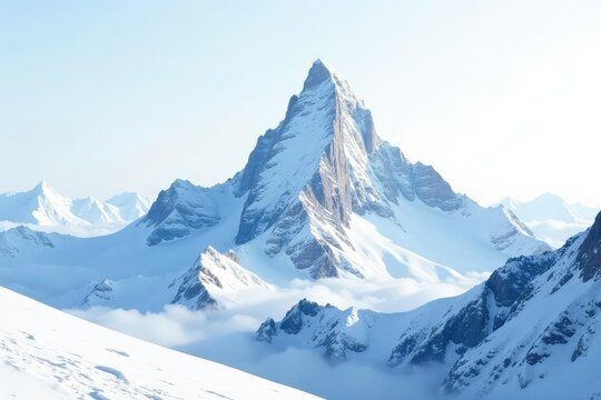Snow-covered mountain peak against pristine white sky, clouds, snow, horizon