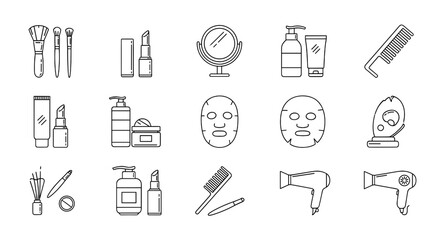 Beauty and Cosmetic Line Icons &ndash; Makeup Brushes, Skincare Bottles, Mirror, Face Mask, Hairdryer and Cosmetic Tools Outline Set