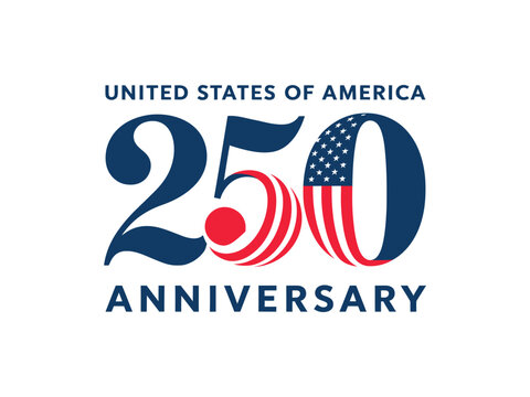 united states 250th anniversary logo design with patriotic number 250, american flag elements, stars, stripes, and bold typography