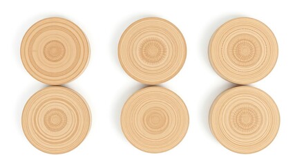 Six rounded pieces with concentric circle patterns arranged symmetrically on a clean white surface