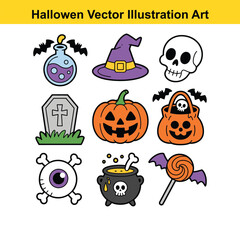 Halloween vector illustration set of cute cartoon icons