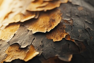 Close-up of textured tree bark, showing layers of peeling, dark and light brown tones.
