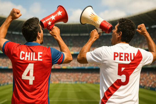 Chile and Peru fans raising megaphones to cheer
