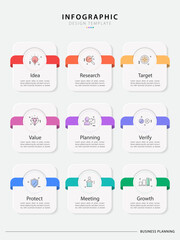 Infographic design template. Timeline concept with 9 options or steps template. layout, diagram, annual, report, presentation. Vector illustration.