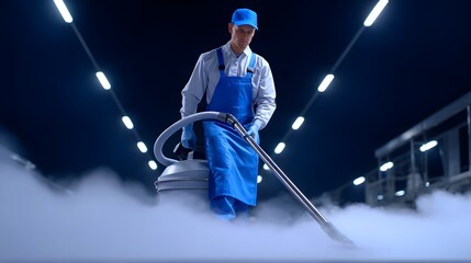 A factory worker in uniform operating a vacuum extractor to clean the industrial floor, maintaining a safe and hygienic work environment.
