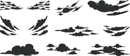 Naklejka premium Set of stylized cartoon cloud vector silhouettes in various formations, ideal for animation, gaming backgrounds, comic effects, and atmospheric scene design.