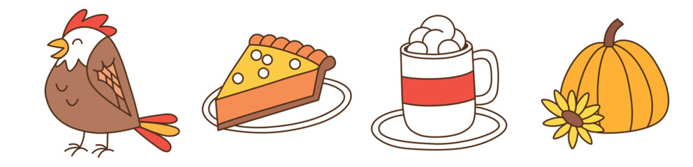 Set of Thanksgiving icons with turkey, pie, hot drink and pumpkin on white background, Isolated