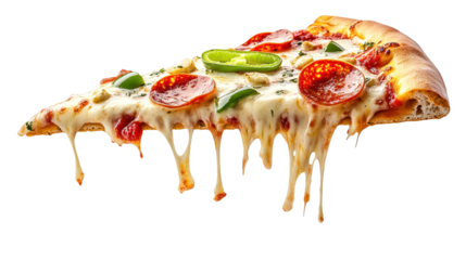 Template with delicious tasty slice of pepperoni pizza flying on white background. Generative AI
