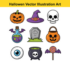 Halloween vector illustration set of nine spooky elements