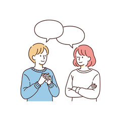Man and Woman Communicating with Speech Bubbles, Conversation and Dialogue Concept. Hand drawn style vector design illustrations.