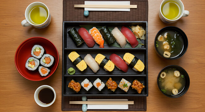 A tray of assorted sushi and maki rolls served with miso soup, green tea, and soy sauce on a wooden table.
