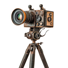 Old camera on a tripod on transparent background.