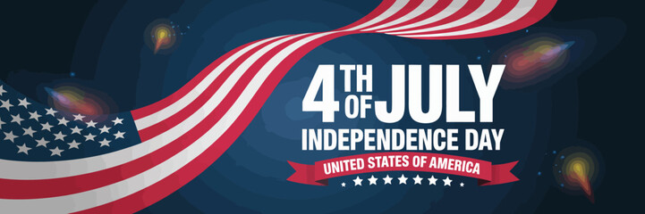 4th of july independence day celebration banner with american flag and fireworks, patriotic usa holiday design honoring national pride
