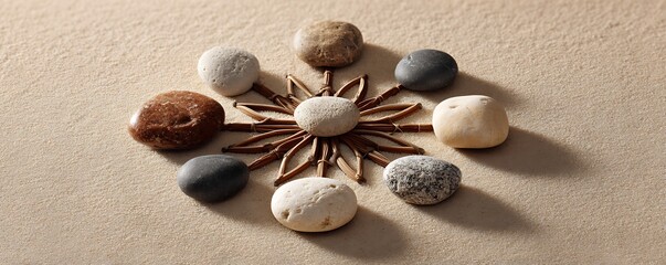 Composition of stones surrounding a central stone with twig like decorations on a textured background