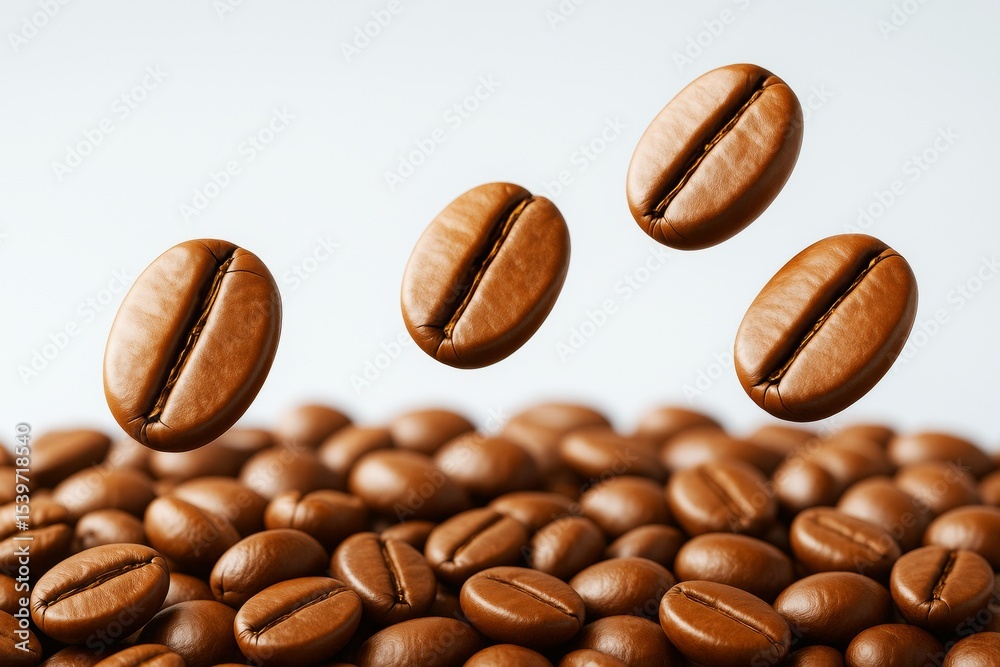 Poster close-up of flying roasted coffee beans above a pile with light background and drink concept emphasi