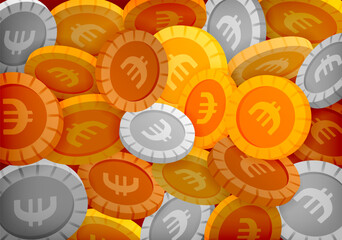 Euro coins in gold and silver tones falling and stacking in piles to symbolize European banking, investment growth, currency strength, and financial planning