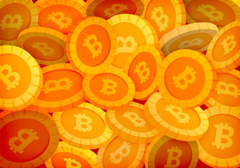 Gold and silver bitcoin coins falling and stacking, overlapping to represent speculative crypto trading, digital finance, blockchain investment, and banking risk