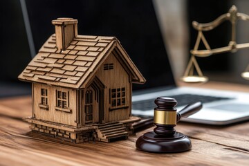 A small wooden model house sits on a wooden table next to a gavel and laptop, suggesting real estate legal proceedings