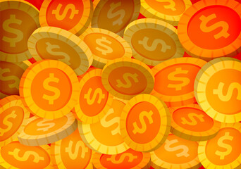 Gold dollar coins stacked and overlapping each other symbolizing banking assets, American currency, financial strength, investment strategy, and savings growth
