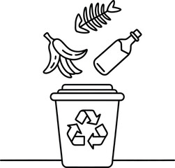 Recycling Bin Icon – Waste Sorting Symbol with Trash Items for Eco-Friendly Disposal and Sustainability