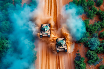 A couple of tanks driving down a dirt road with blue smoke coming out of them