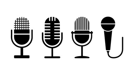 A Set of Four Black and White Microphone Icons Retro, Modern, and Classic Designs