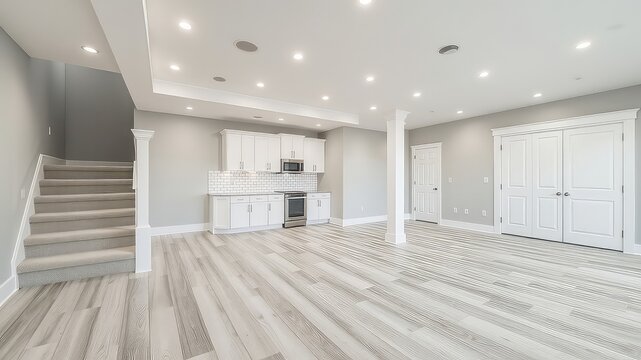 Finished basement space showcases a modern aesthetic with white cabinetry and light wood flooring