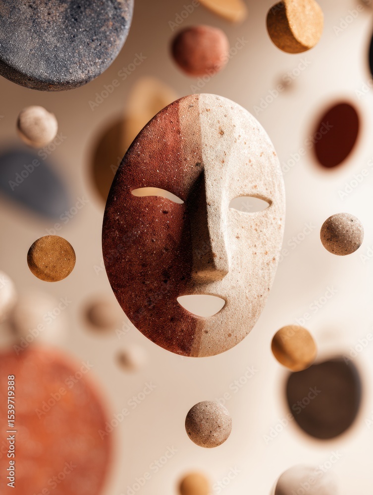 Poster Smiling Clay Face Floating Among Abstract Shapes in a Minimal Space Setting